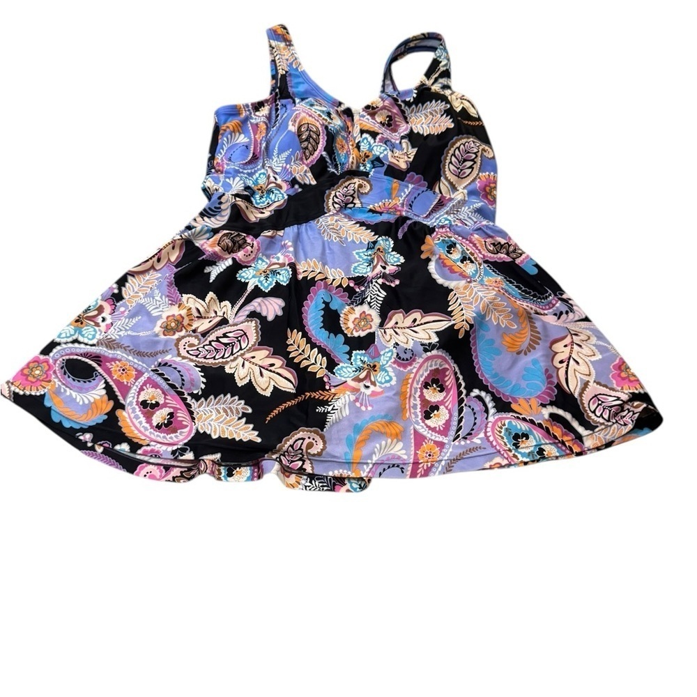 Maxine of Hollywood Black and Purple One Piece Swimsuit EUC